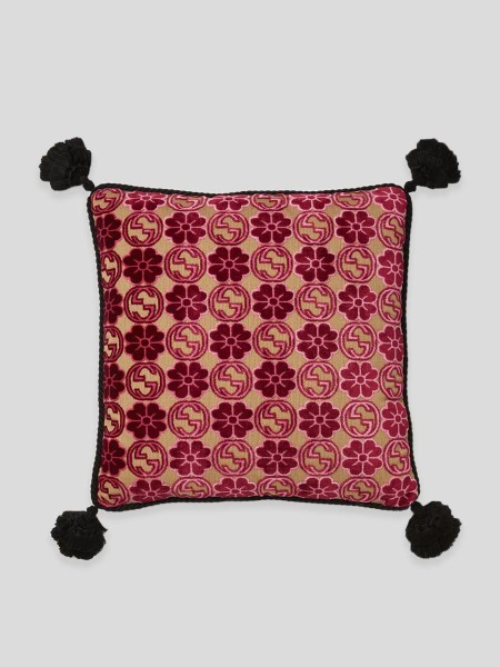 Floral Interlocking G Tartan Cushion - multi pink