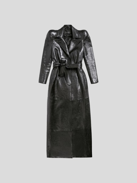 Round Shoulder Maxi Leather Trench Coat - black