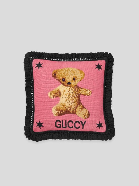 Needlepoint Cushion With Teddy Bear - black pink